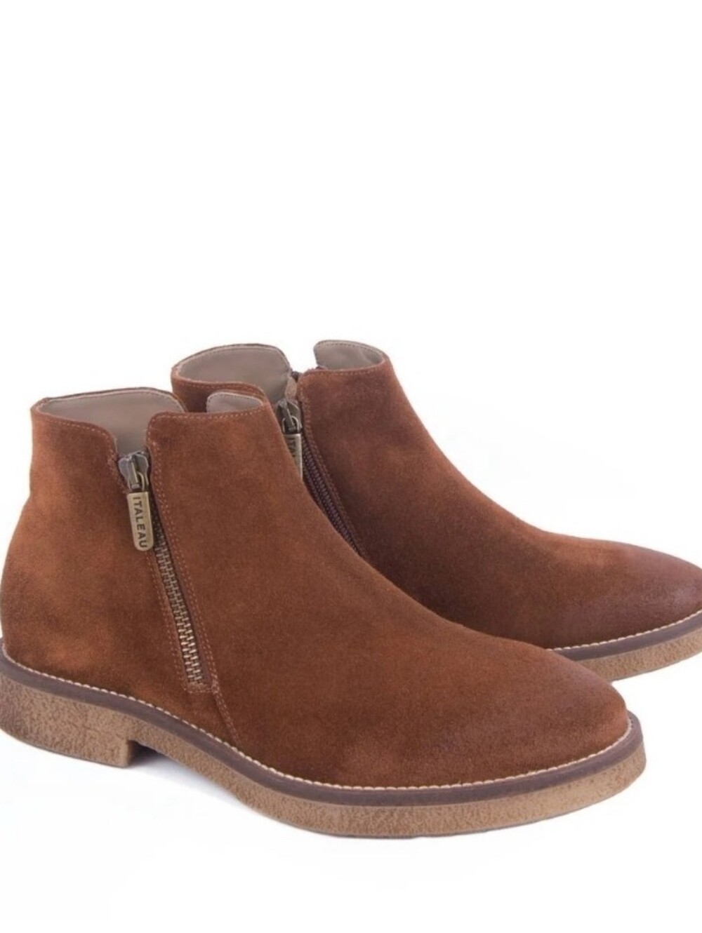 ITALEAU Suede Ankle Boot Cognac Brown - Side Zip NEW